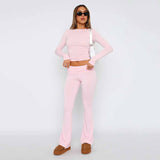 Women's Solid Color Long Sleeve Short T-Shirt and Flared Leg Skinny Pants Casual Set