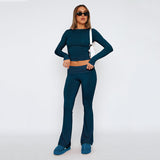 Women's Solid Color Long Sleeve Short T-Shirt and Flared Leg Skinny Pants Casual Set