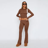 Women's Solid Color Long Sleeve Short T-Shirt and Flared Leg Skinny Pants Casual Set