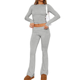 Women's Solid Color Long Sleeve Short T-Shirt and Flared Leg Skinny Pants Casual Set