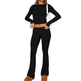 Women's Solid Color Long Sleeve Short T-Shirt and Flared Leg Skinny Pants Casual Set