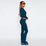 Women's Solid Color Long Sleeve Short T-Shirt and Flared Leg Skinny Pants Casual Set