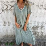 Cotton and Linen V-neck Midi Dress(buy 2 free shipping)