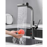 Straight pull-out kitchen mixer with temperature display