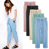 Plus Size Solid Colour Elastic Waist Loose Nine Minute Pants