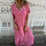 Cotton and Linen V-neck Midi Dress(buy 2 free shipping)