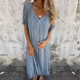 Cotton and Linen V-neck Midi Dress(buy 2 free shipping)