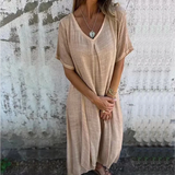 Cotton and Linen V-neck Midi Dress(buy 2 free shipping)